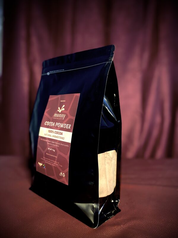 1kg pouch bag of Tanzania Unsweetened cocoa powder side view.