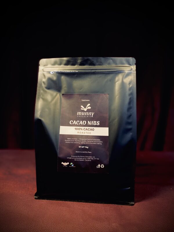 Front view of roasted cacao nibs pouch bag from Tanzania