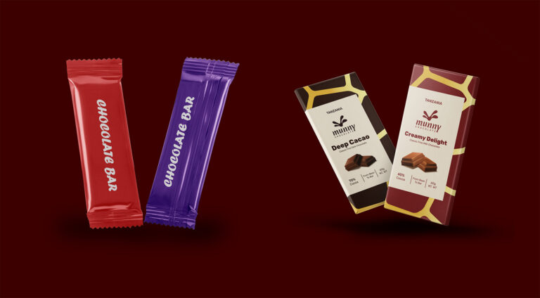 Visual illustration showing the shift from generic industrial chocolate packaging to premium Tanzania chocolate.