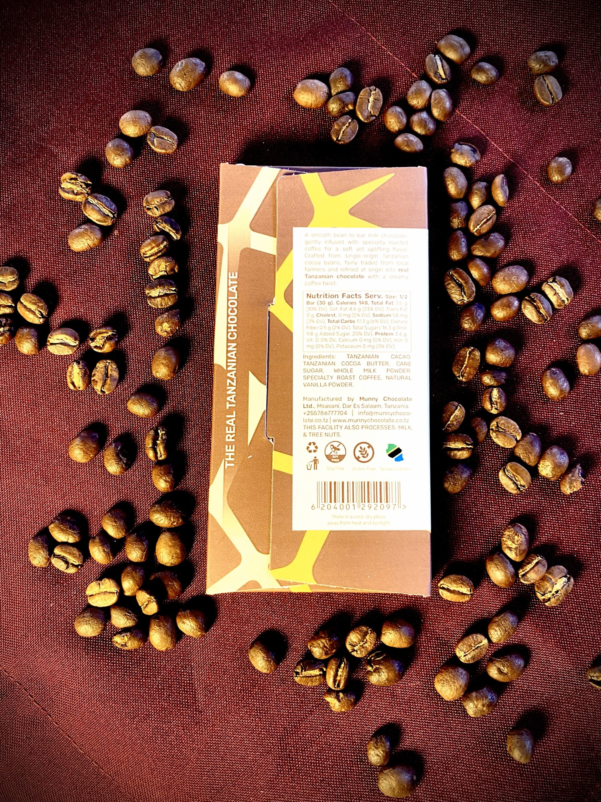Back view of Creamy Coffee 45% Tanzanian Milk Chocolate bar with coffee beans