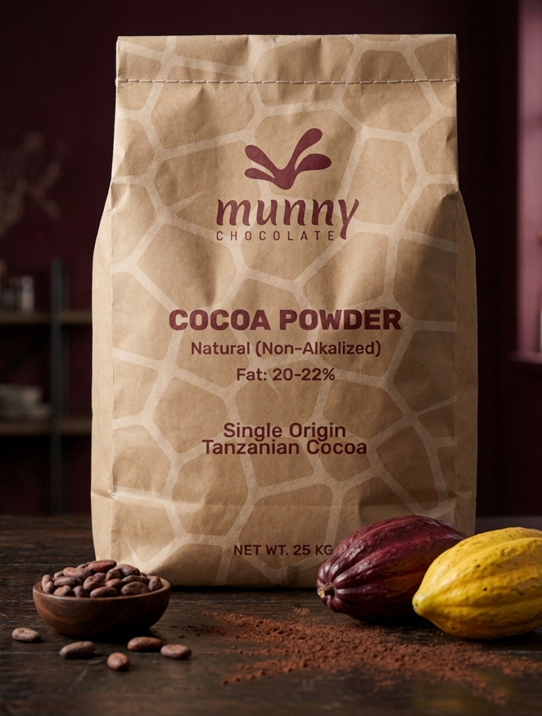 A large 25kg brown paper sack of Munny Chocolate natural cocoa powder standing on a dark wooden table next to fresh cocoa pods and a bowl of beans.