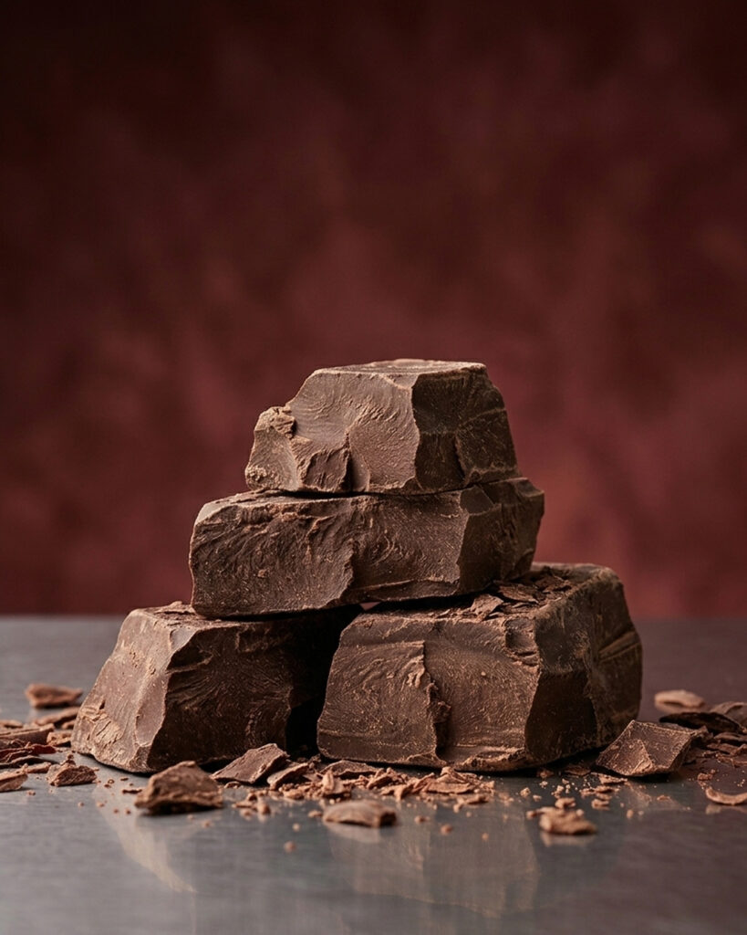 A stack of four irregular, matte dark brown blocks of pure cocoa mass with small shavings at the base on a reflective metal surface.
