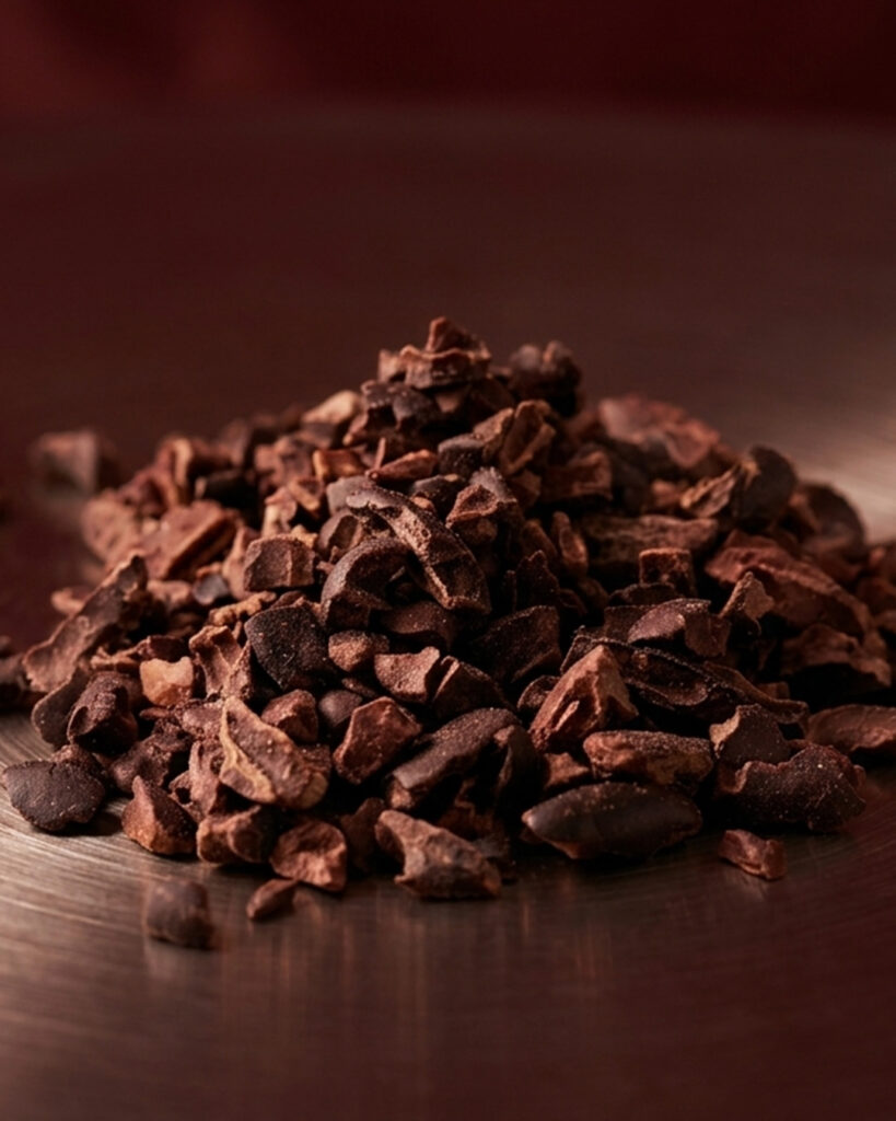 A small mound of dark brown, roasted cocoa nibs with a crunchy, irregular texture on a brushed metal industrial surface.