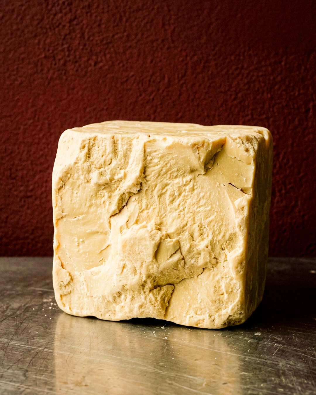 A solid industrial-sized block of raw, unrefined Tanzanian cocoa butter with a matte, crumbly texture on a stainless steel commercial prep surface.